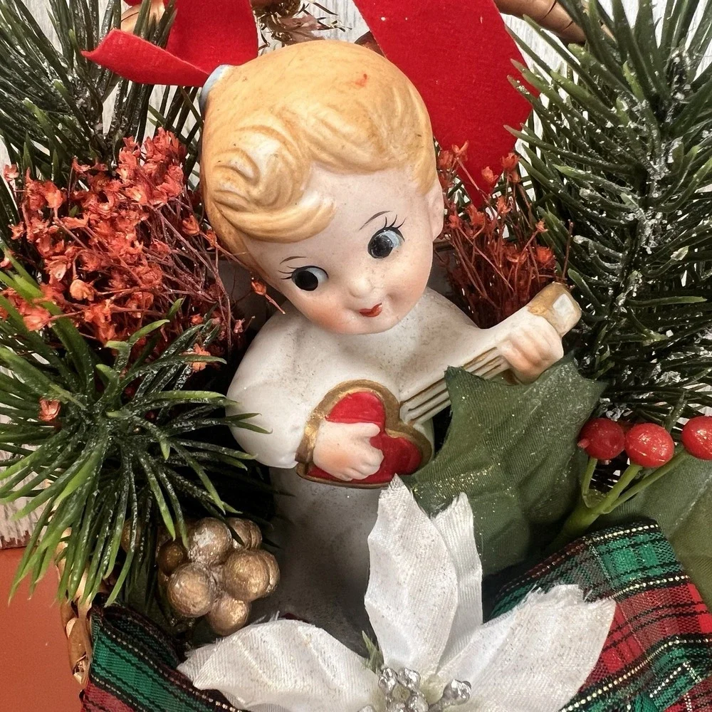 Vintage Kitschy Christmas Lefton boy‎ heart guitar 60's poinsettia greenery